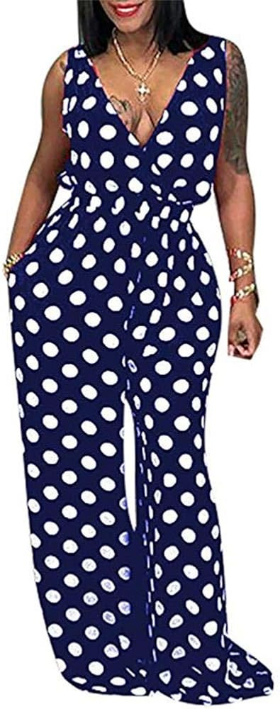LKOUS Women Summer Elegant Spaghetti Strap Sleeveless Polka Dot Print One-Piece Loose Wide Leg Pa... | Amazon (US)