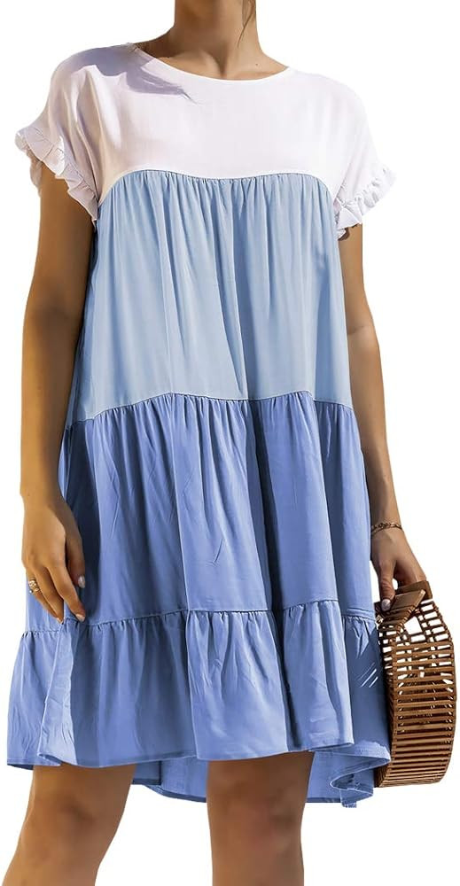 WEEPINLEE Womens Stitching Short Sleeve Round Neck Loose Dresses Casual Summer Dress | Amazon (US)