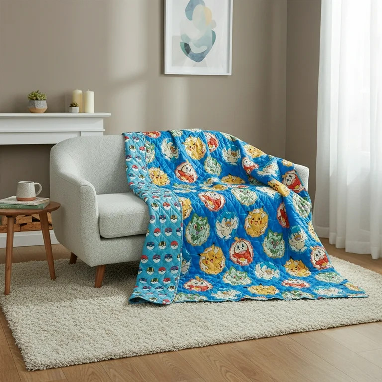 Pokemon Framed Characters Twin/Full Reversible Microfiber Quilted Blanket, 62x90 inches | Walmart (US)