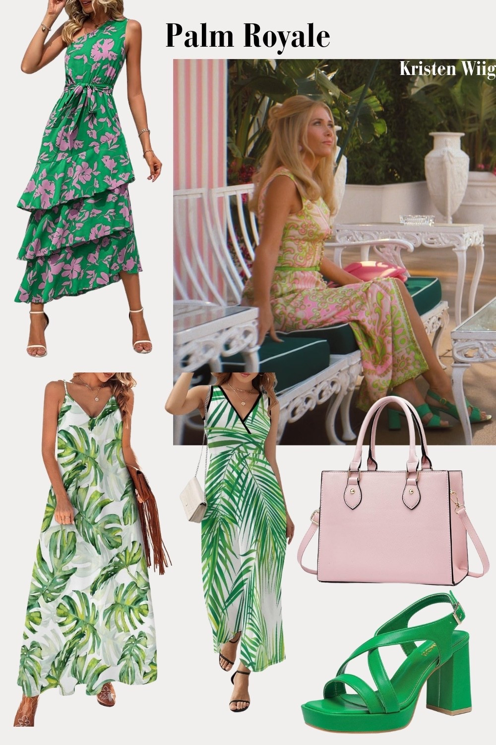 Maxine Simmons Outfit 4 - Maxine in emerald green open toe block heel sandals, a pink and green printed maxi dress, and a hot pink satchel.