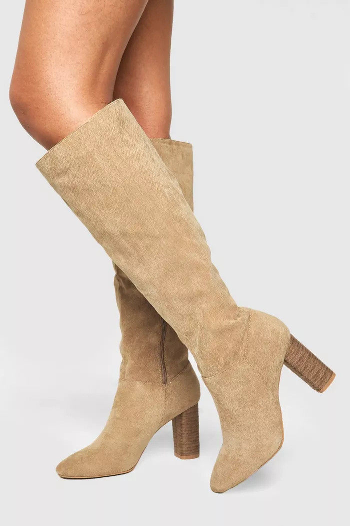 Block Wooden Heel Faux Suede Knee High Boots | boohoo (US & Canada)