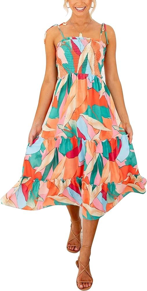 Fashionme Floral Boho Summer Flowy Midi Dress Shirred Bodice Elastic Tie Strap Tiered Highwaisted Va | Amazon (US)
