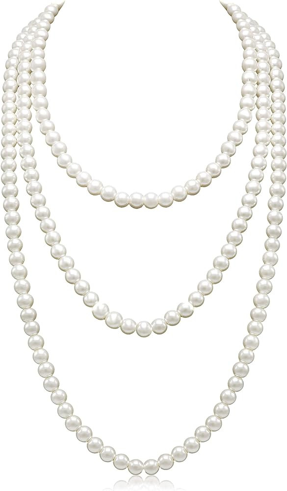 Long Pearl Necklaces for Women Cream White Faux Pearl Strand Layered Necklace Costume Jewelry | Amazon (US)