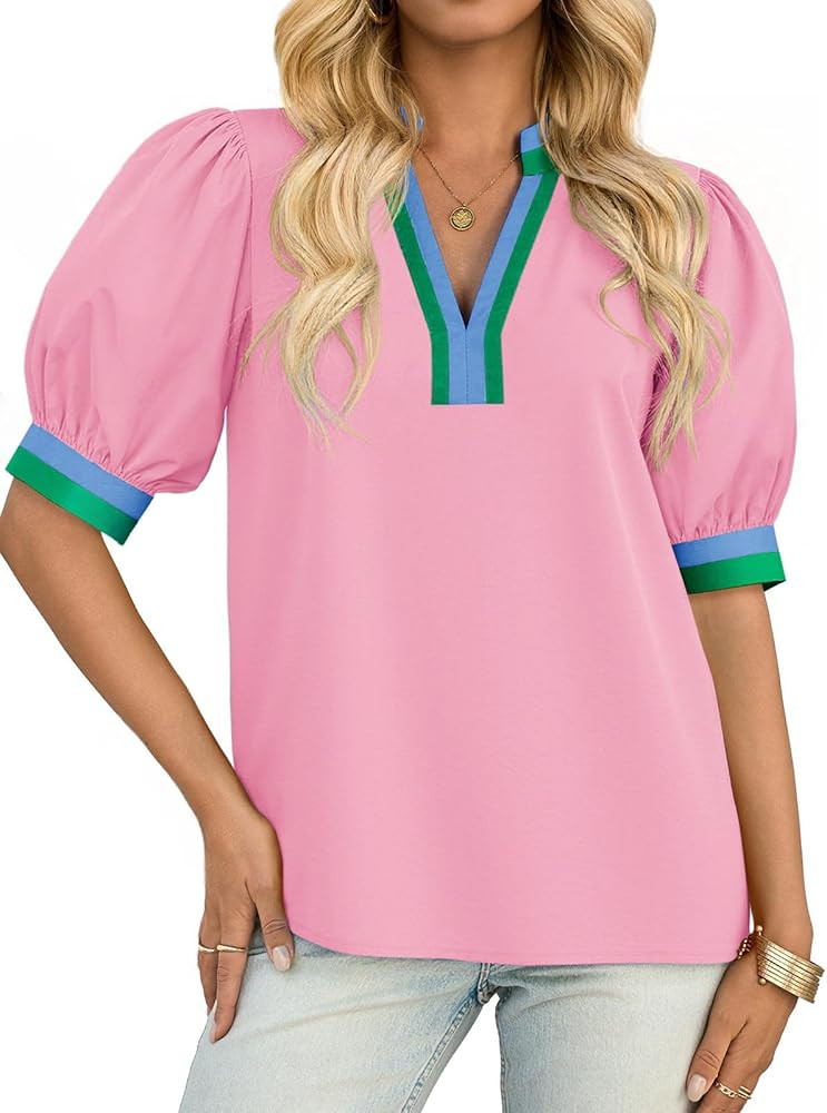 Tankaneo Womens Color Block Puff Sleeve Tops Dressy Casual V Neck Cotton Blouses Summer Loose Fit... | Amazon (US)