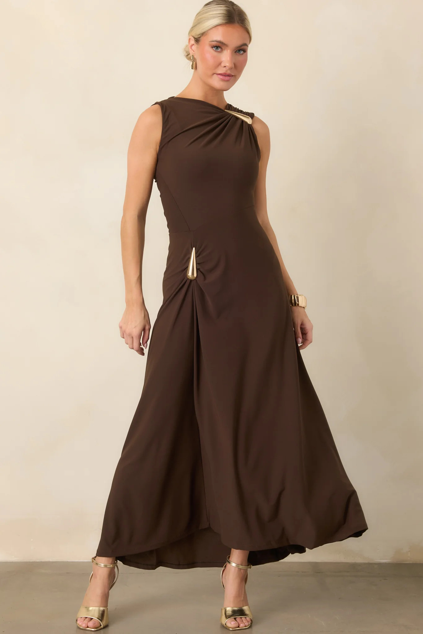 Astrid Blyth Chocolate Brown Draped Maxi Dress | Red Dress