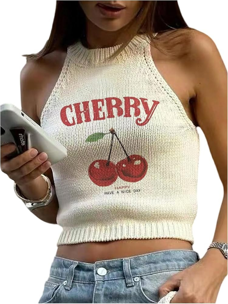 SHENHE Women's Summer Halter Top Y2k Cherry Sweater Tank Cute Sleeveless Knit Crop Top | Amazon (US)