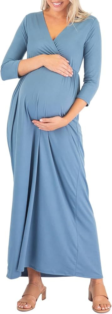 Mother Bee Maternity V-Neck 3/4 Sleeve Ruched Waist Dress | Amazon (US)