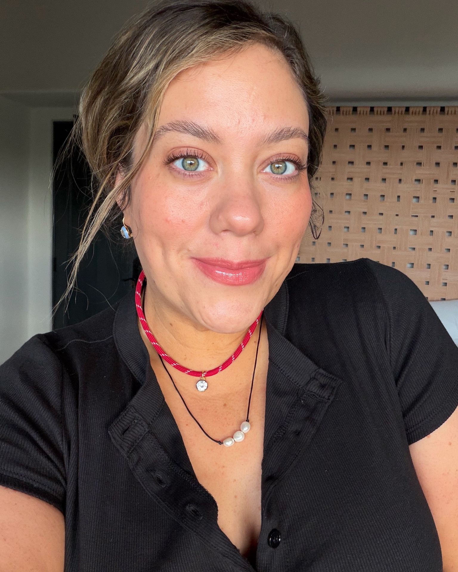 This lip combo is bonkers good. Missy asked if I got a lip flip, but haven't since January and it's gone because I can whistle again. 

Used the Charlottek Tilbury lip sculpt I. Fair - the contour color only on the outline of my lips and dabbed with finger. Then topped with the Revlon lip balm. It's such a good moisturizing lip balm with hint of color. This is color honey shine. 

I barely did my makeup. Just used the @ultraviolette Future Screen, the new @versed blurring balm, which is like a blush ans bronzer in one. I'm using shade aura. It's gorgeous. Then @Thrive Causemetics mascara in brown. It's a tubing mascara and is great for pool days because even if you get wet, you won't get raccoon eyes. It comes off with water splashed on face, but you can still swim with it? It used to flake on me, but it doesn't as much anymore. I do usually use it as a primer and then layer regular mascara on top. 

Too is @Reformation and I have in black and gray. Love how you can customize the look just by changing up the buttons! 

Earrings are the @hart bezel enamel earrings I love in light blue. But also love the chartreuse ones. Necklaces are @cupcakesandcashmere. First time customers can use SISTER20 for 20% off.