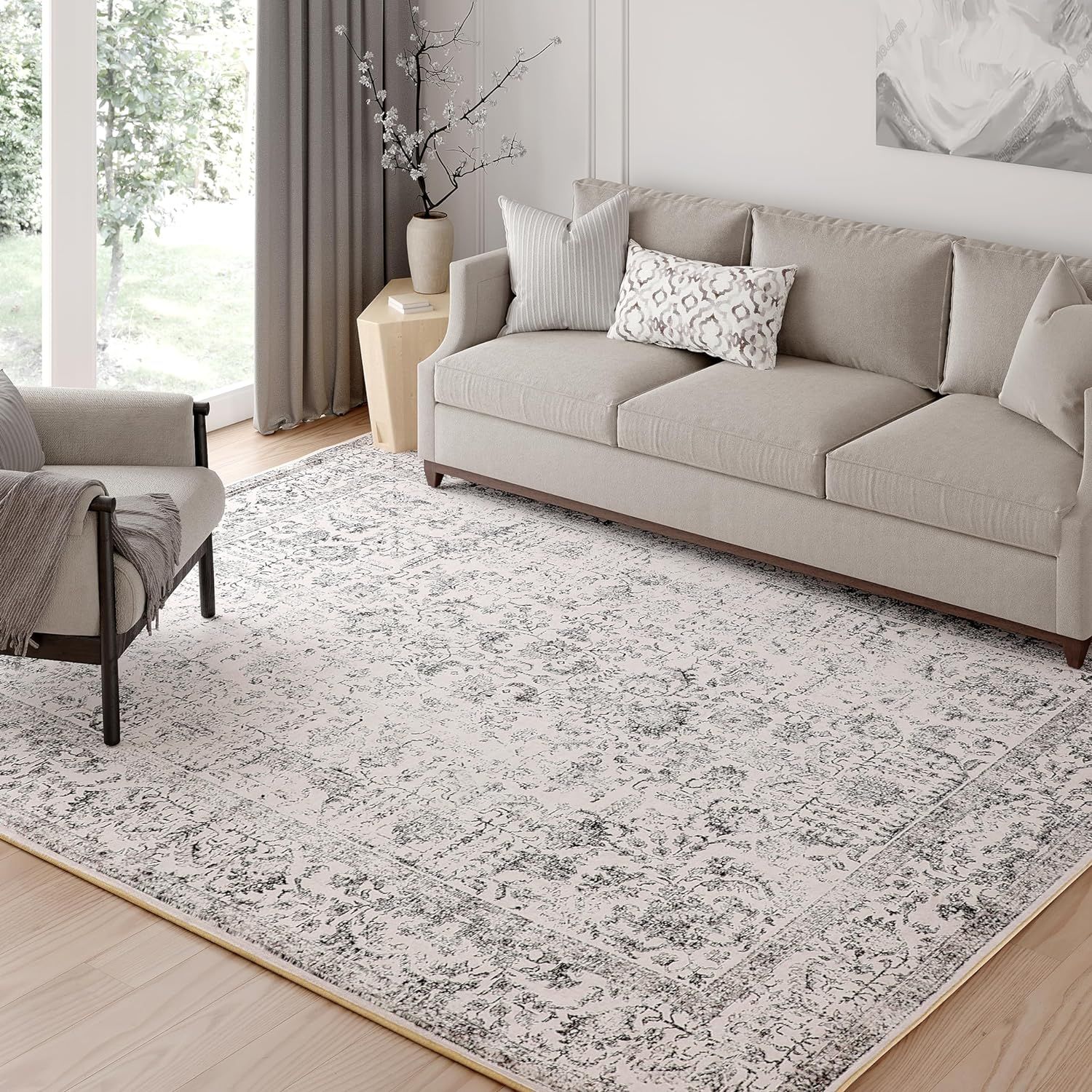 PureCozy Grey Area Rug 5x7 Indoor Vintage Living Room Carpet Washable Distressed Rug Gray Floral ... | Amazon (US)