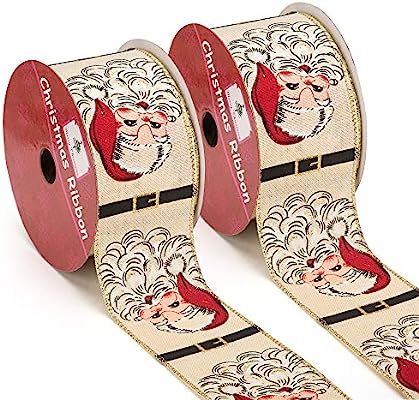 SANNO Wired Burlap Christmas Ribbon Bow Holiday Party Satin with Santa Claus Wrapping Decorations... | Amazon (US)