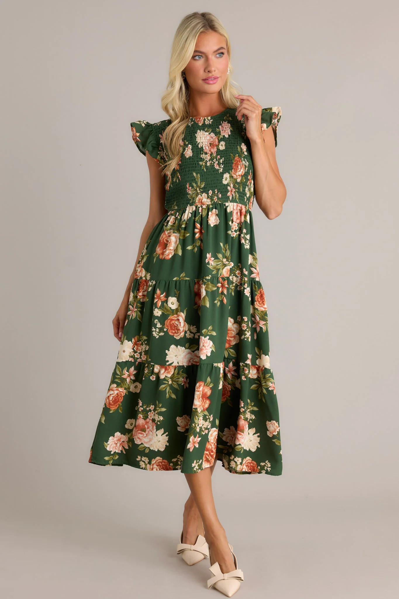 Desert Dawn Green Floral Midi Dress | Red Dress