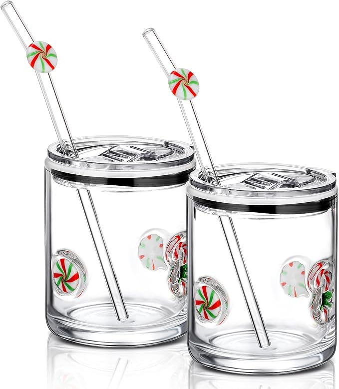 Patelai 2 Pcs Christmas Candy Cane Icon Glasses Cups with Lids and Straws 15oz Reusable Drinking ... | Amazon (US)