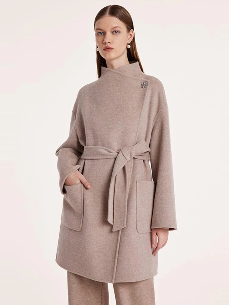 Mid-Length Wool And Cashmere Women Coat With Belt | GOELIA