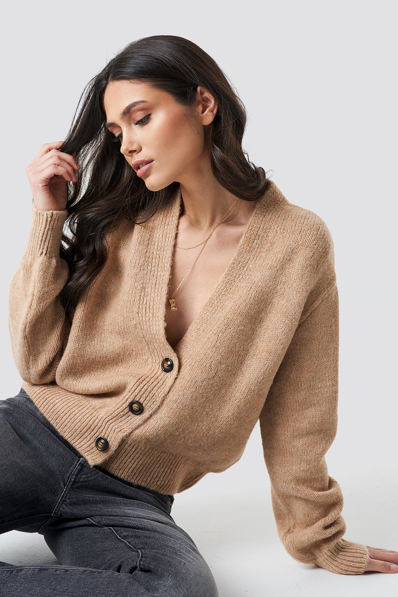Cropped Oversized Cardigan Beige | NA-KD Global