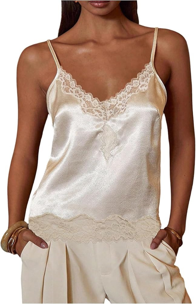 MakeMeChic Women's Satin Lace Camisole Top V Neck Sleeveless Going Out Party Tank Tops | Amazon (US)