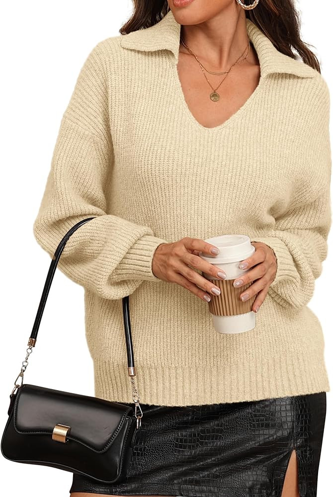 ATHMILE Sweaters for Women Fall Outfits 2025 Fashion Oversized V Neck Lapel Collar Knit Polo Shir... | Amazon (US)