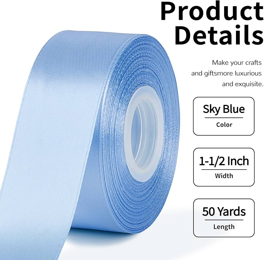 1-1/2 Inch Wide Sky Blue Satin Ribbon, 50 Yards Solid Polyester Fabric Ribbon for Roses Making, G... | Amazon (US)