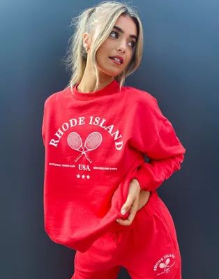ASOS DESIGN co-ord oversized sweatshirt with retro tennis logo in red | ASOS (Global)