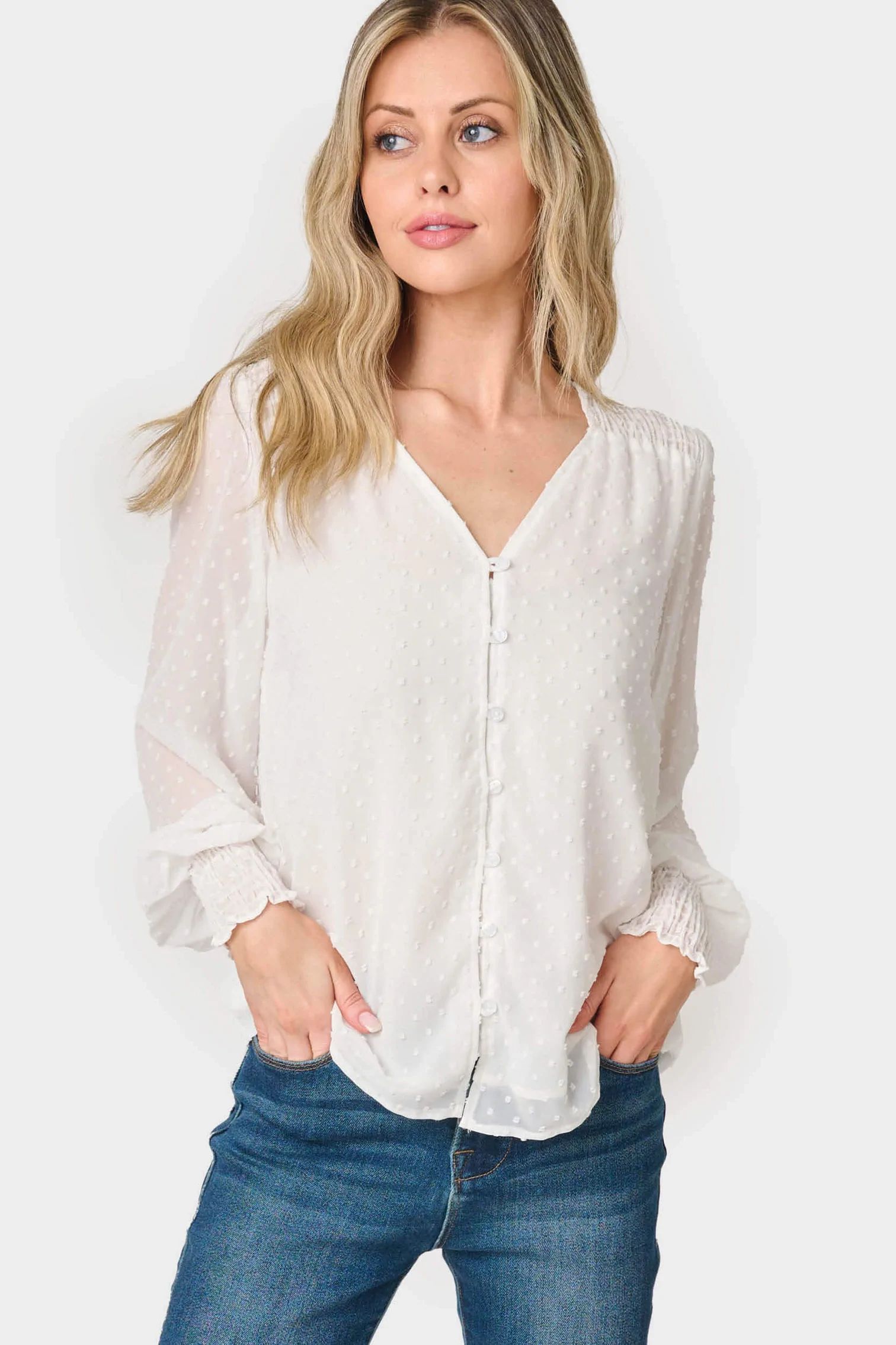 Pin Dot Smocked Detail V-Neck Blouse | Gibson