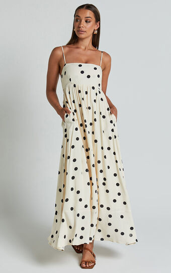 Miriam Midi Linen Blend Dress - Strappy Straight Neck A Line Dress in Beige & Black Spot | Showpo (US, UK & Europe)