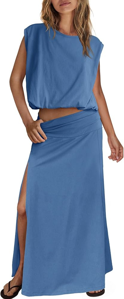 ReachMe Womens Summer Skirt Sets 2 Piece Travel Outfits Sleeveless Going Out Tops Maxi Dress Beac... | Amazon (US)