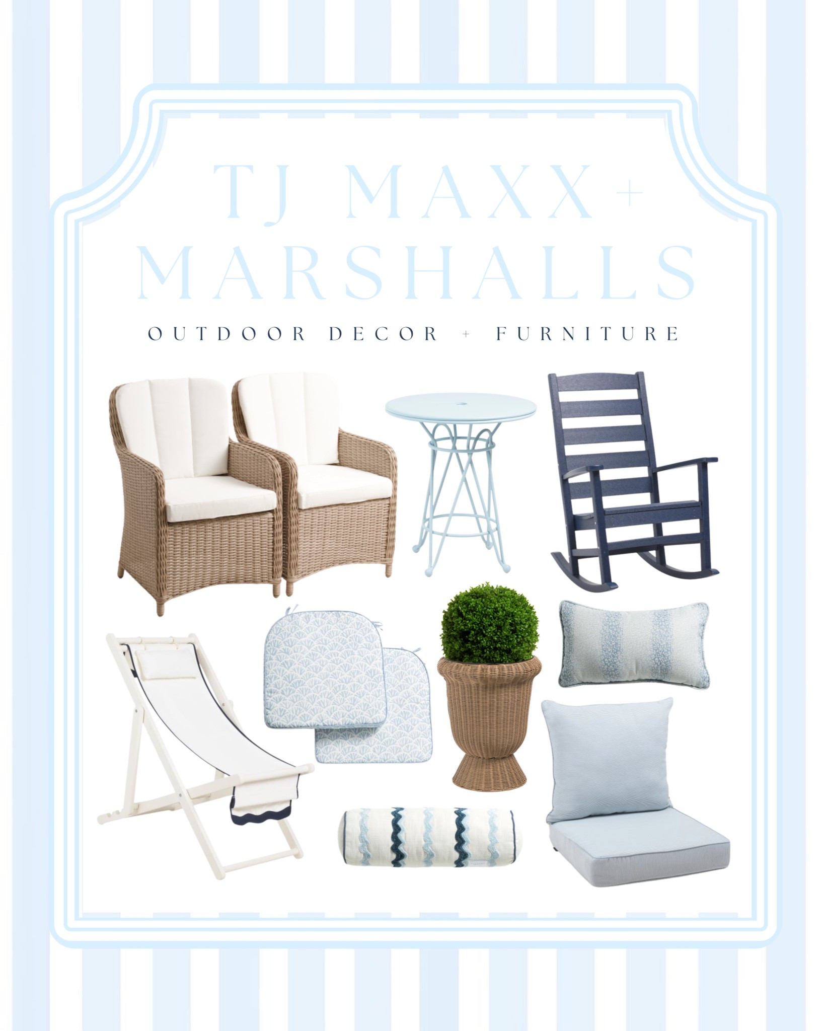 Affordable outdoor decor finds from TJ Maxx + Marshalls 🤍 If you’re refreshing your patio for spring and summer, these budget-friendly pieces are giving major coastal patio vibes. Think wicker patio chairs, blue outdoor pillows, rocking chairs, bistro tables, and neutral outdoor cushions that make your space feel elevated without the designer price tag.

I’m loving the light blue + natural wicker combo for a coastal outdoor living space or modern coastal patio. Perfect for creating a relaxing backyard setup, front porch seating area, or poolside lounge.

Sharing all my favorite TJ Maxx and Marshalls outdoor decor finds, including patio furniture, outdoor throw pillows, patio chair cushions, bistro tables, rocking chairs, and porch decor.

Tap to shop these affordable patio finds before they sell out!

@TJ Maxx @Marshalls 

#LTKHome
