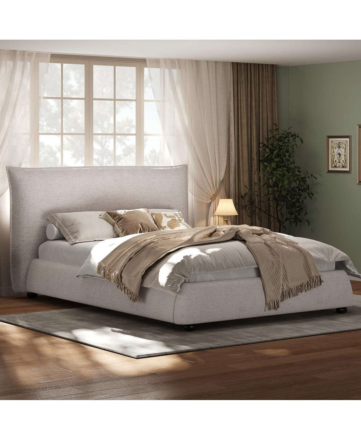 Streamdale Furniture Twin Upholstered Platform Bed with Linen Pillow-Back Headboard - Beige | Macy's