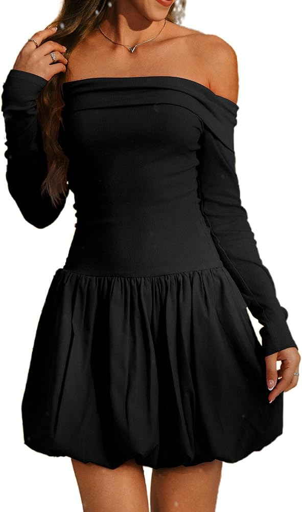 HYPERFIRE Women's Elegant Off The Shoulder Long Sleeve Bubble Hem Dress Going Out Birthday Dresse... | Amazon (US)