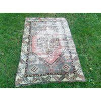 oushak rug 5.2x3.4 ft,small turkish rug,hand woven rug,kilim runner rug,distressed rug,muted color rug,aztec rug,kitchen rug,hallway rug | Etsy (US)