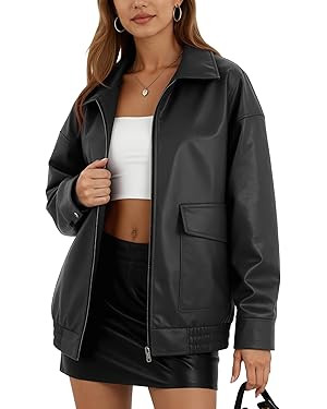 Oversize Leather Jacket Women Faux Motorcycle Coats Bomber with Double Pockets,2025 Fall,Winter F... | Amazon (US)