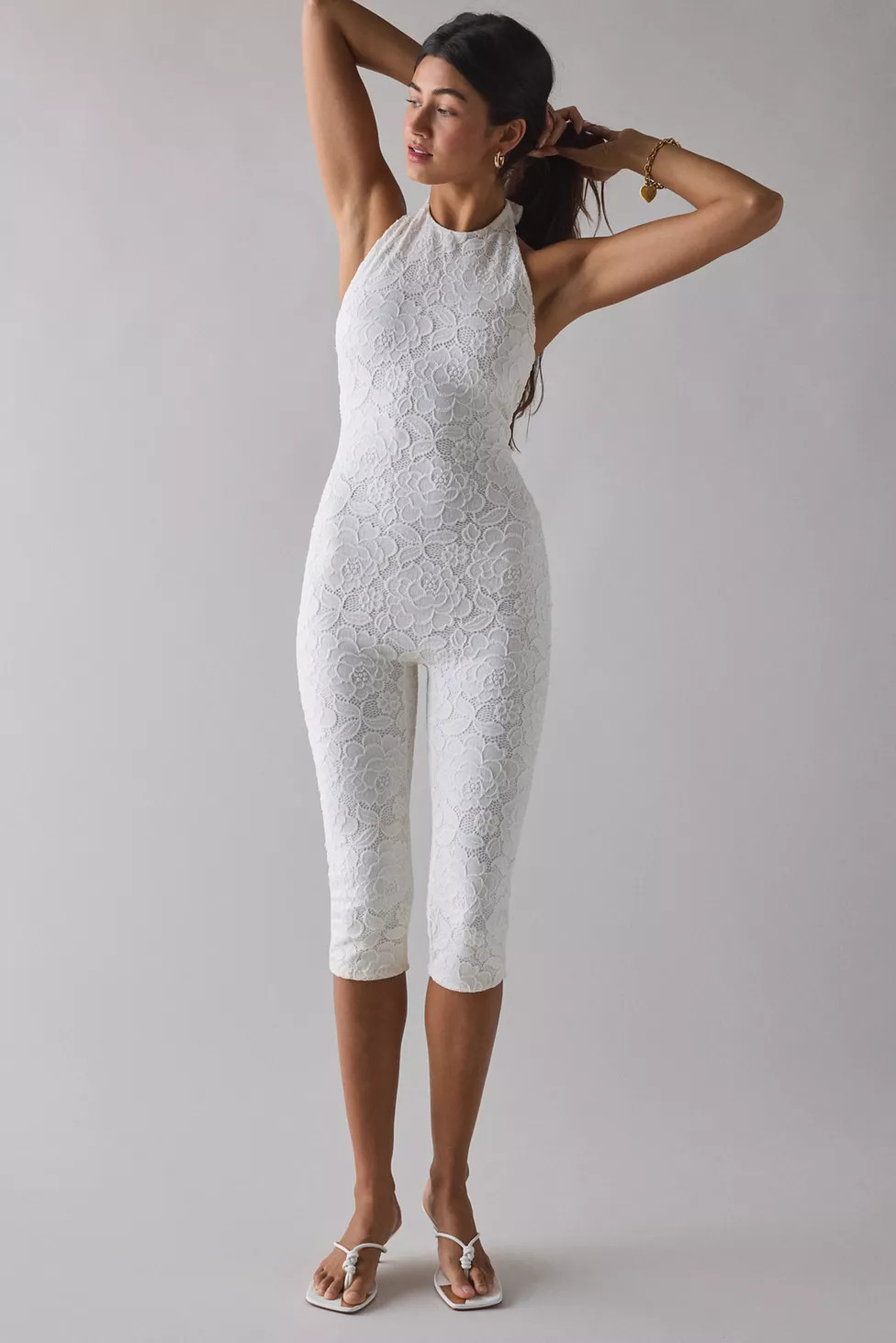 AFRM Lucia Crochet Lace Backless Halter Catsuit | Urban Outfitters (US and RoW)