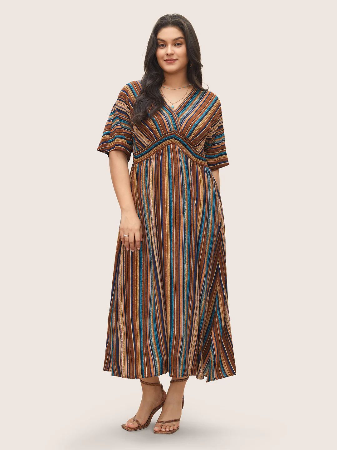 Striped Contrast Dolman Sleeve Shirred Pocket Split Flutter Dress | Bloomchic
