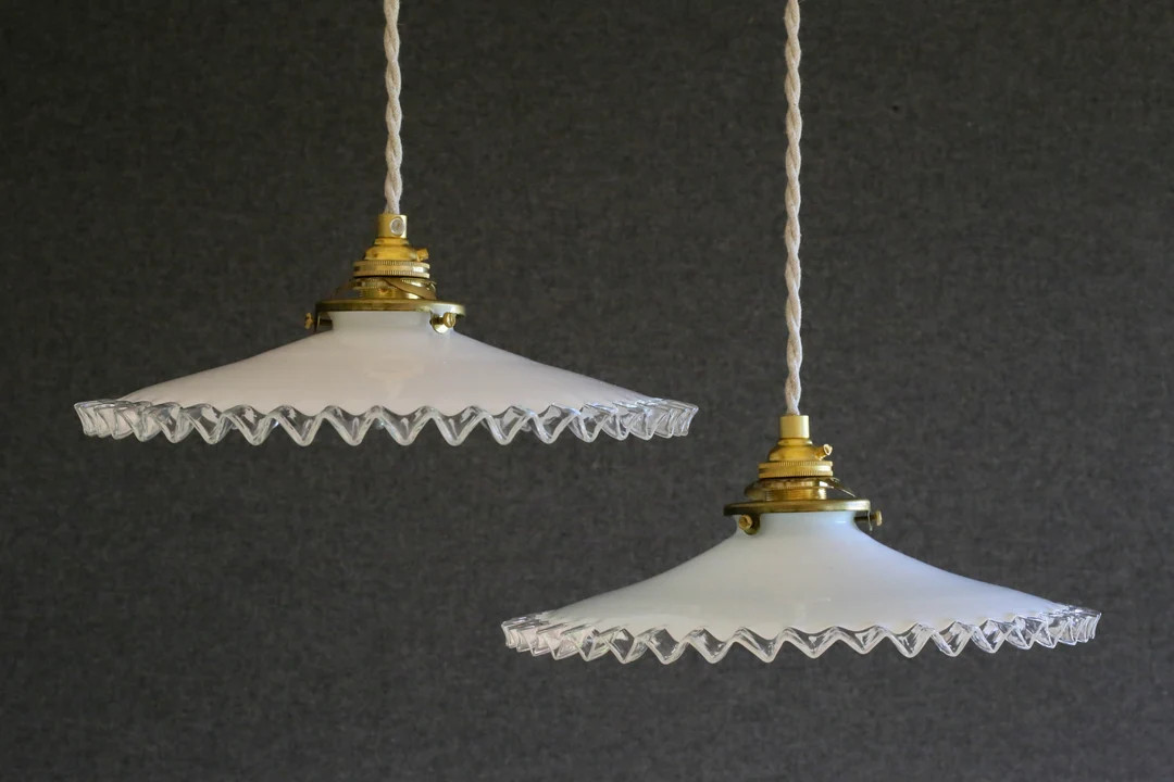 A Set of 2 Antique French Ceiling Lights in White Folded Glass, French Pendant Lamps Opaline Ligh... | Etsy (US)