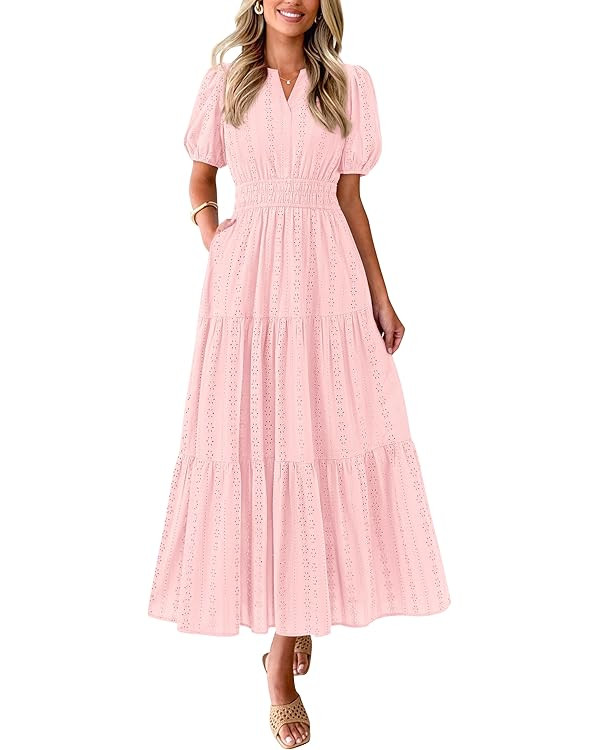 PRETTYGARDEN Womens Summer Maxi Dresses 2026 Casual Puff Sleeve V Neck Smocked Flowy Eyelet Cotto... | Amazon (US)