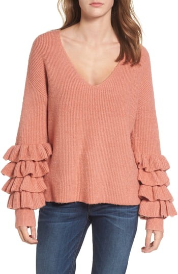 Women's Bp. Ruffle Sleeve V-Neck Sweater, Size XX-Small - Pink | Nordstrom