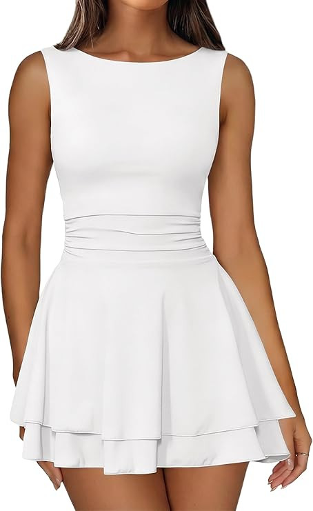 IWD Women's Boat Neck Sleeveless Mini Dress Ruched Waist Flowy Tiered Ruffle Hem A Line Party Sho... | Amazon (US)