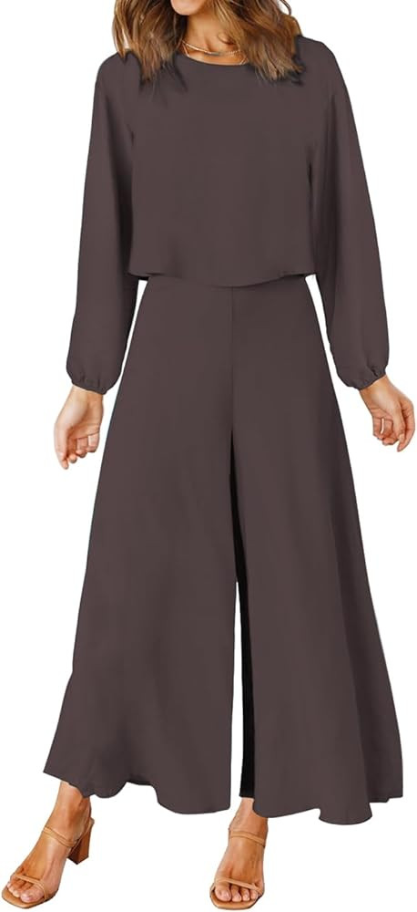 ROYLAMP Women's Summer 2 Piece Outfits Round neck Crop Basic Top Cropped Wide Leg pants Set Jumps... | Amazon (US)