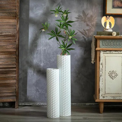 Tall Vases For Floor,27.6/21.7In Metal Cylinder Handmade Flower Holder Extra Large Decorative Vase Modern Honeycomb Texture Big Standing Vase,(White) | Wayfair North America