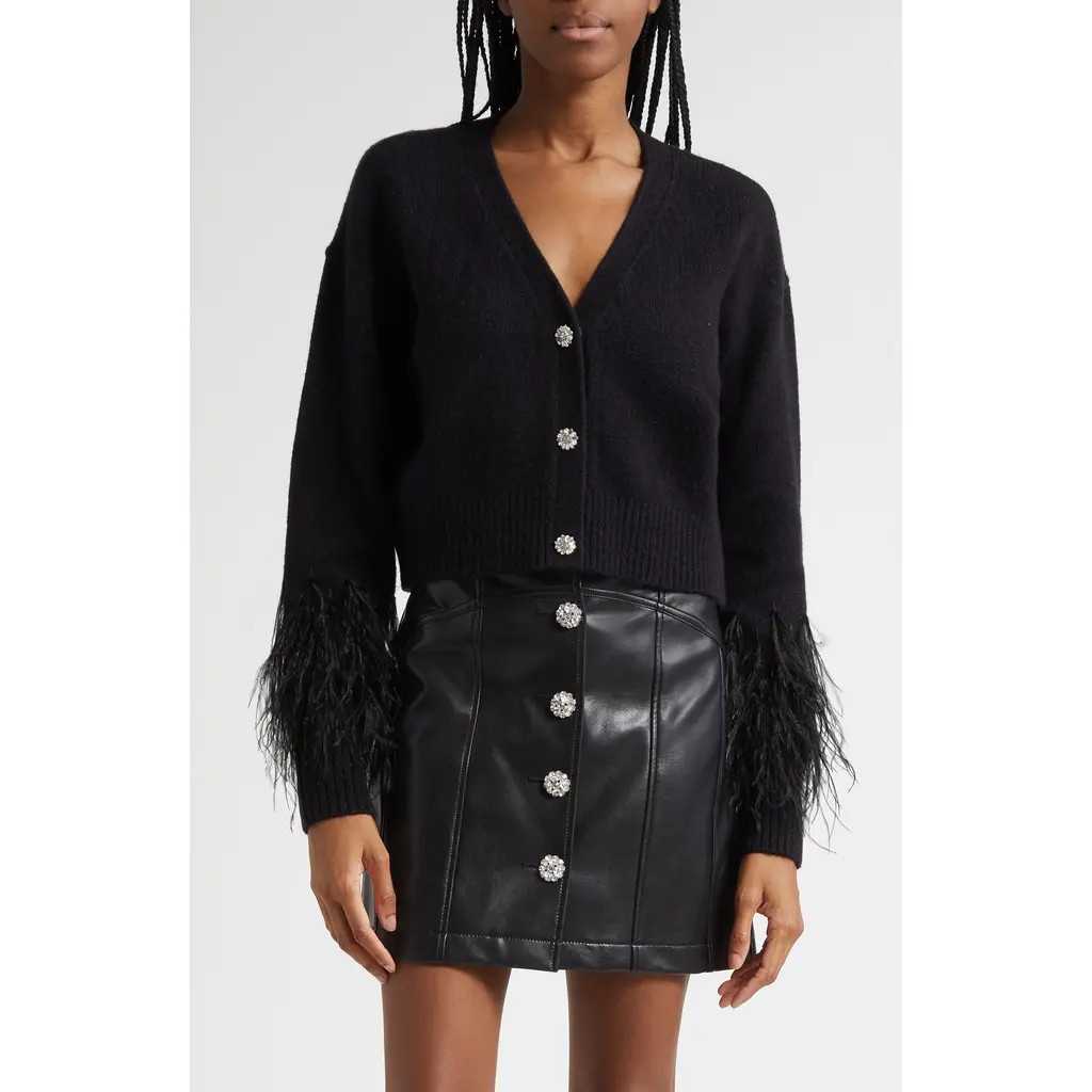 Cinq à Sept Briana Feather Trim Cardigan in Black at Nordstrom, Size Small | Nordstrom