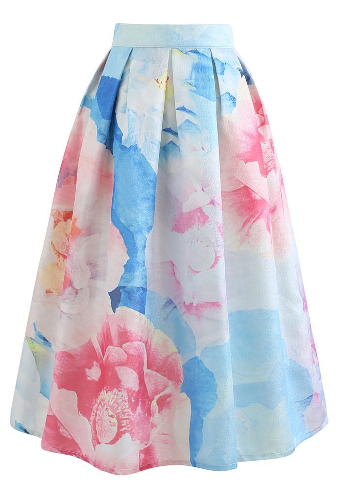 Bloom in Watercolor Printed Midi Skirt | Chicwish