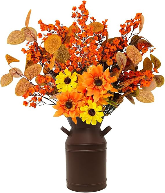 6pcs Artificial Fall Flower with Metal Pot Fake Autumn Floral Arrangements Faux Sunflower Silk Bo... | Amazon (US)