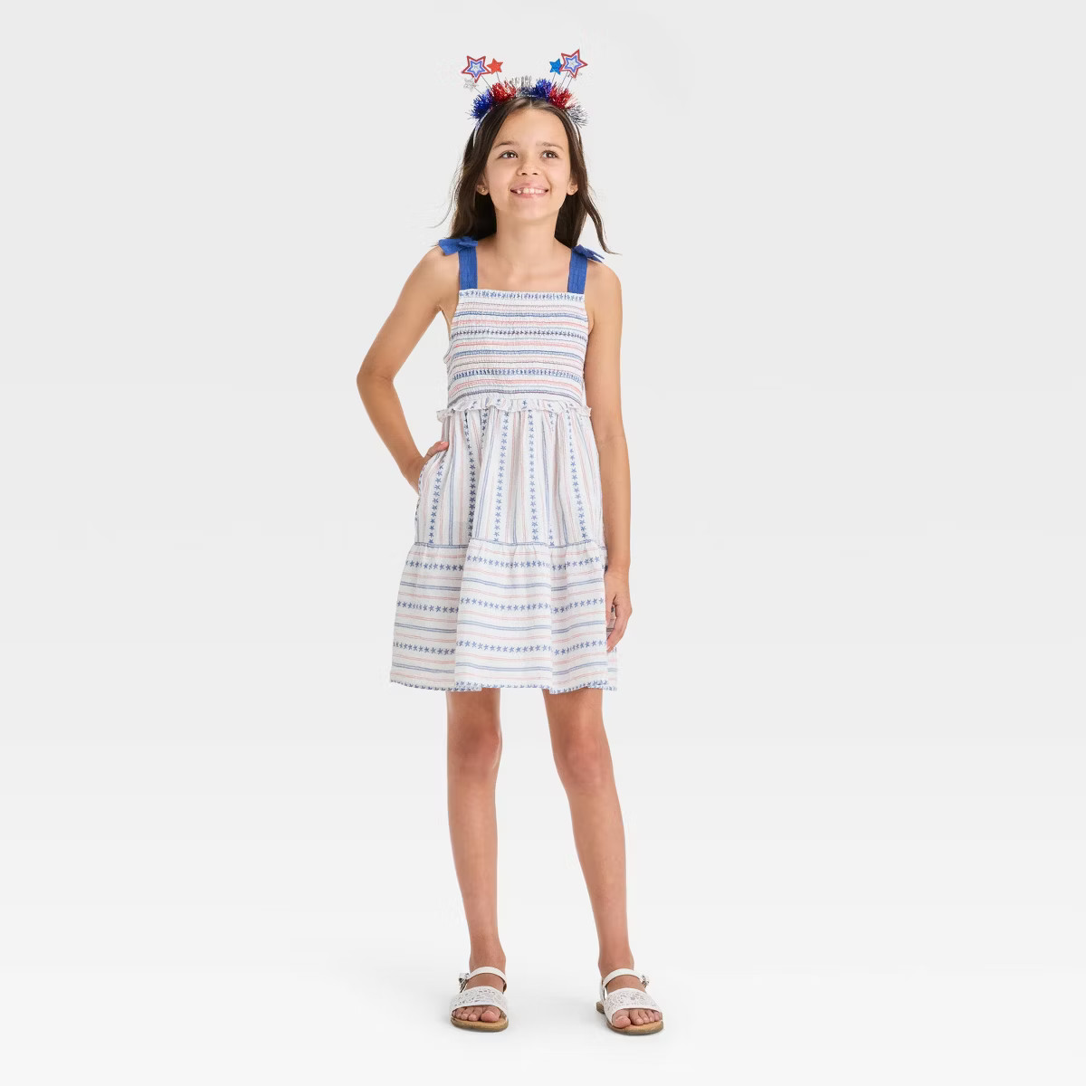 Girls' Sleeveless '4th of July' Tiered Stars and Stripes Dress - Cat & Jack™ White/Red/Blue L: ... | Target