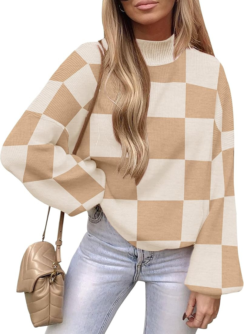 ZCSIA Women's Turtleneck Long Sleeve Striped 2024 Fall Fashion Loose Ribbed Knit Pullover Sweater... | Amazon (US)