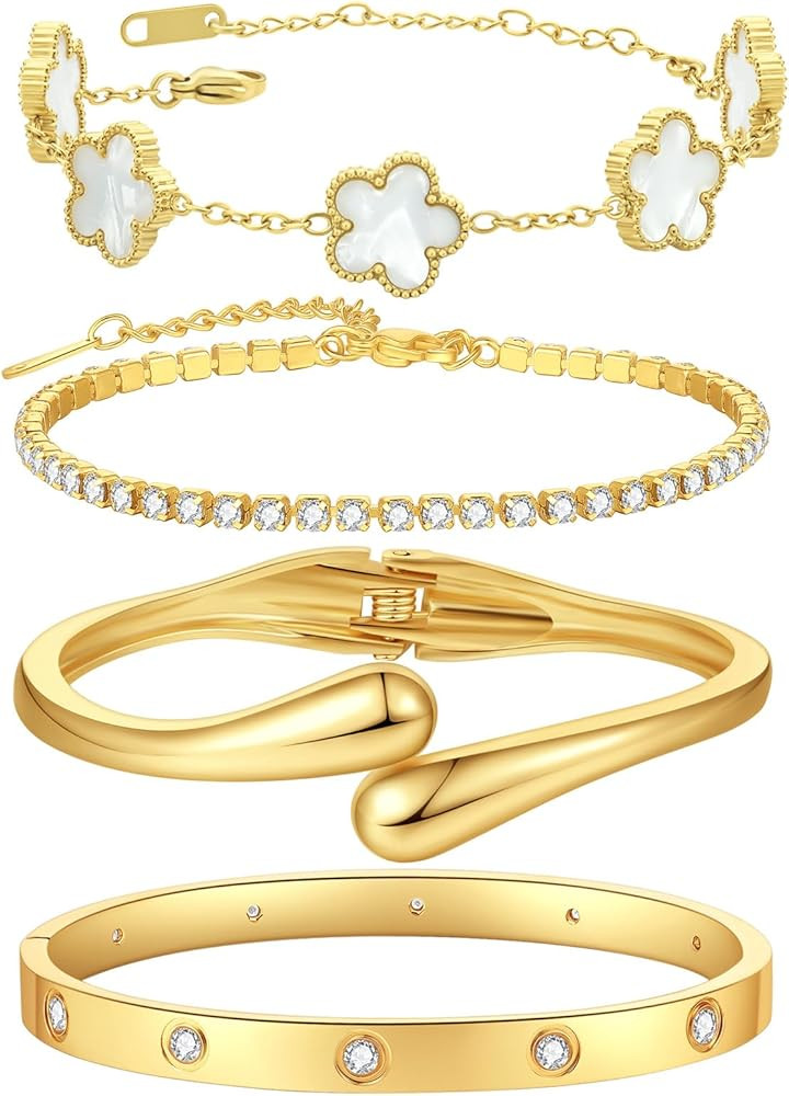 PDWZNBA 18K Gold-Plated Bracelet Set – Floral Clover, Tennis, Chunky Adjustable Twist Cuff, Cla... | Amazon (US)