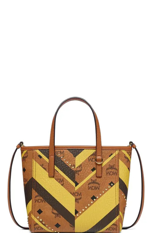 MCM Studded Toni Top-Zip Shopper in Mega Herringbone Visetos in Cognac at Nordstrom | Nordstrom