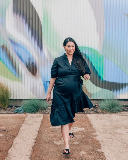 Wore this outfit last night for dinner with friends and would you believe the entire look was under $75, all from @walmartfashion?? 🖤 #walmartpartner Black might not be the first color you think of for spring but this ruffle hem midi dress was calling my name! It comes in a couple different colors and prints in case you want something more bright. It’s not maternity but I was still able to wear it with my 34-week bump. #walmartfashion 

#LTKbump #LTKfindsunder50 #LTKSeasonal
