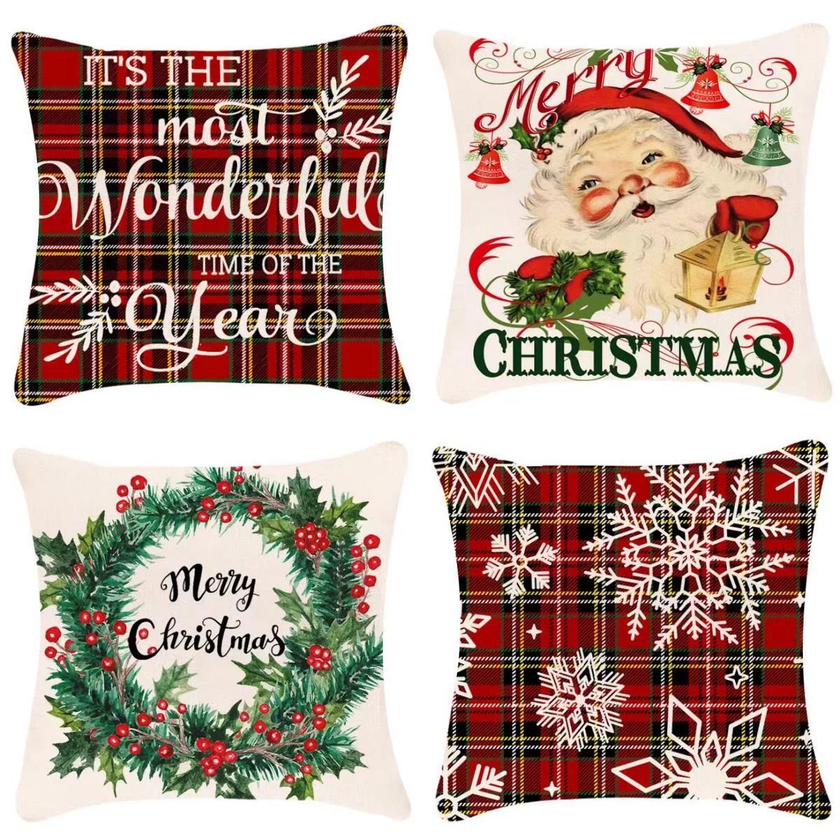 Christmas Throw Pillow Covers Santa Pillow Cases Set of 4 Holiday Rustic Linen Pillow Case for Ho... | Walmart (US)
