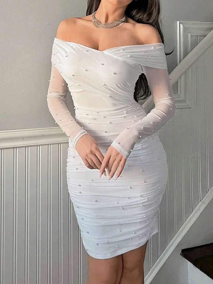 SHEIN Privé White Off Shoulder Pearl Women's Dress | SHEIN