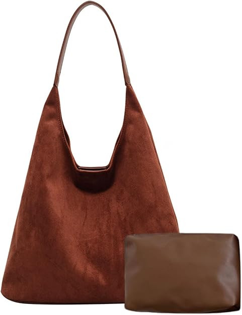 Suede Bag Slouchy Tote Bag Faux Suede Boho Bags for Women Office Brown Shoulder Bag | Amazon (US)