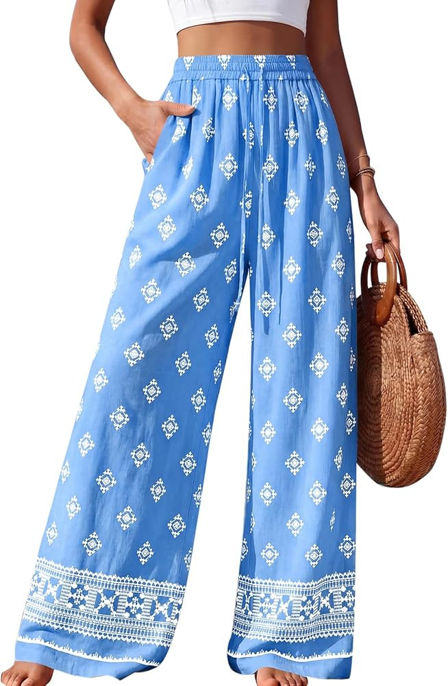PRETTYGARDEN Womens Pants Elastic Waist Floral Lightweight Palazzo Pants for Women Casual Lounge ... | Amazon (US)